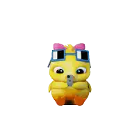 a yellow stuffed animal wearing sunglasses and a pink bow holds a cell phone