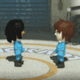 two cartoon characters are standing next to each other in front of a sign that says gkn