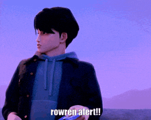 a cartoon character says rowren alert while holding a cellphone