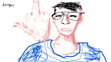 a drawing of a man with glasses giving the middle finger with the word duhguy written below him