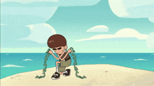 a cartoon of a boy on a beach holding a rope