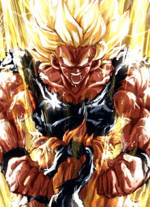 a drawing of a cartoon character with yellow hair and a black belt