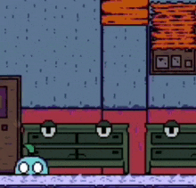 a pixel art drawing of a room with a dresser and a clock on the wall .
