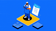 an isometric illustration of a man holding a clipboard and a sign that says payment successfully