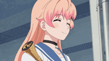 a girl with pink hair is holding a gold object on her shoulder