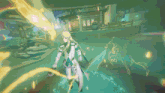 a video game character with a sword is surrounded by glowing lines