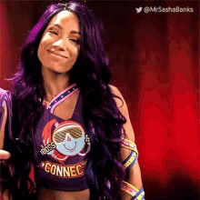 a woman with purple hair is wearing a purple tank top that says boss connect