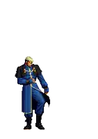 a pixel art of a man in a blue coat and black boots