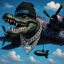 a cartoon of a crocodile wearing a beanie and a diamond chain with the name blazzard on it