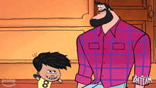 a cartoon of a man with a beard and a boy with the number 8