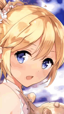 a girl with blonde hair and blue eyes is looking at the camera