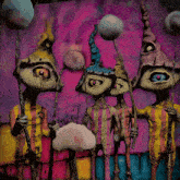 a group of cartoon characters holding balloons in their hands on a pink background