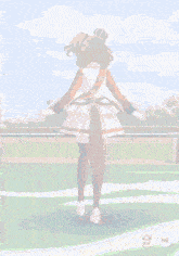 a girl in a red and white dress with a crown on her head is standing on a green field .