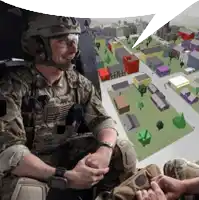 a man in a military uniform is sitting in front of a map of a town