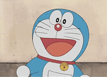 a cartoon character with a bell around his neck is smiling