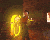 a woman in a cowboy hat is standing in front of a jukebox that has the letter o on it