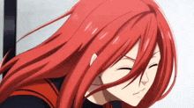 a close up of a red haired anime character