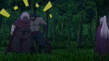 a couple of anime characters standing next to each other with one holding a small animal