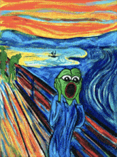 a colorful painting of a person with a green face and a boat in the background