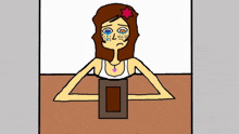 a cartoon of a woman sitting at a table with a picture frame in front of her