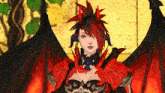 a woman with red hair and horns is wearing a black and red outfit