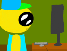 a yellow cartoon character wearing a blue hat is looking at a computer screen