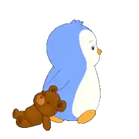a blue penguin holds a brown teddy bear behind its back