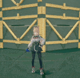 a girl in a white shirt and black skirt is standing in front of a metal structure