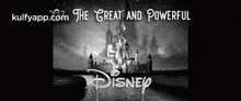 a black and white photo of a disney castle on a river