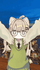 a cartoon girl wearing glasses and a green sweater stands in front of a city skyline