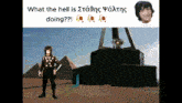 a man standing in front of a pyramid with the words " what the hell is doing "