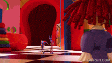 a gif from gifrun.com shows two cartoon characters standing in a hallway