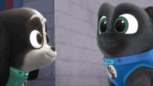 two cartoon dogs looking at each other with one wearing a blue collar that says ' snoopy ' on it