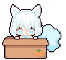 a pixel art drawing of a cat with white hair and blue eyes