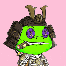 a green frog wearing a samurai helmet holds a cigar