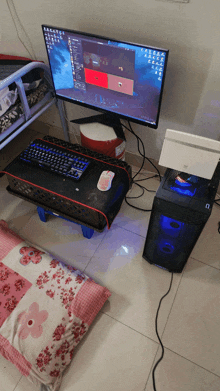 a computer monitor sits on a desk next to a keyboard