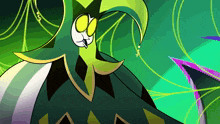 a cartoon drawing of a jester with a green and yellow hat