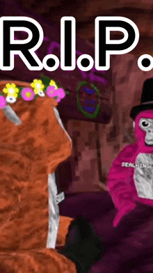 r.i.p. is written on a poster with a monkey and flowers