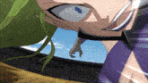 a woman with green hair and a purple shirt is holding a sword in her mouth