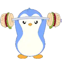 a penguin is lifting a barbell with two hamburgers on it 's shoulders