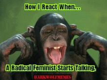 a chimpanzee is laughing with its tongue out and covering its ears with its hands .