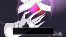 a cartoon drawing of a skeleton with purple hair and a purple heart in his eyes