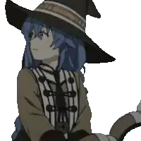 a girl with blue hair is wearing a witch hat and gloves
