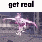 a cartoon character is flying in the air with the words `` get real '' written above it .