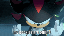 shadow the hedgehog says " my pookies are offline " in a dark room