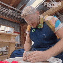 a man is working on a pottery wheel with the great canadian pottery throw down written in the corner