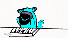 a cartoon of a blue cat wearing headphones playing a keyboard
