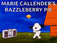 a cartoon of snoopy dancing in front of a boombox with the words marie callenders razzleberry pie