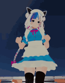 a girl in a maid outfit is giving a peace sign