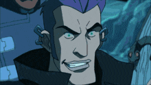 a cartoon character with a purple hair and green eyes is smiling